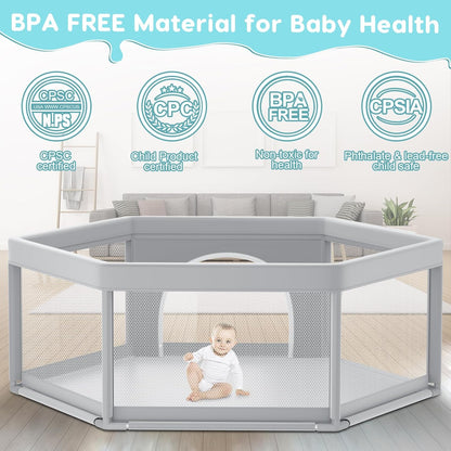 Fshibila 74" ×50" Large Baby Playpen, Baby Playard for Babies and Toddlers, Baby Fence Play Pens for Indoor & Outdoor, Sturdy Safety Play Yard with Soft Breathable Mesh, Anti-Fall, Grey