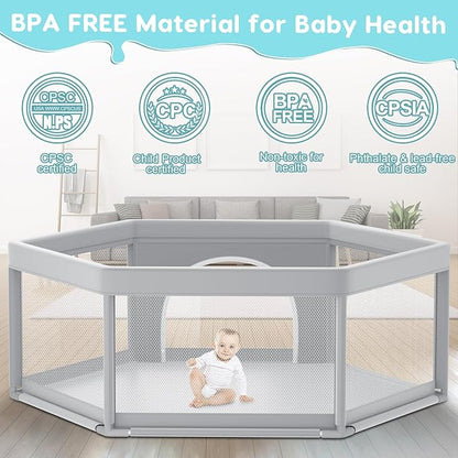 Fshibila 65" ×65" Hexagonal Baby Playpen, Baby Playard for Babies and Toddlers, BabyFence Play Pens for Indoor & Outdoor, Sturdy Safety Play Yard with Soft Breathable Mesh, Anti-Fall, Grey