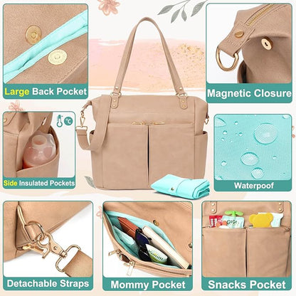 MOMINSIDE Diaper Bag Tote, Leather Diaper Bag Backpack with 14 Pockets, Convertible Baby Bag for Boys Girls, Baby Registry, Changing Pad, Large 4 Insulated Pockets (Camel)