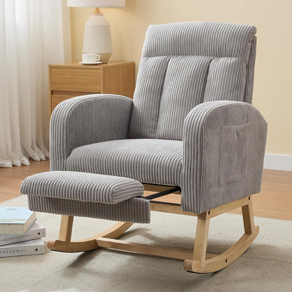 NIOIIKIT Nursery Rocking Chair, Corduroy Upholstered Rocking Chair with Adjustable Footrest, Tufted Rocker Chair with Side Pocket, Glider Rocker for Living Room, Bedroom (Cream Retro)