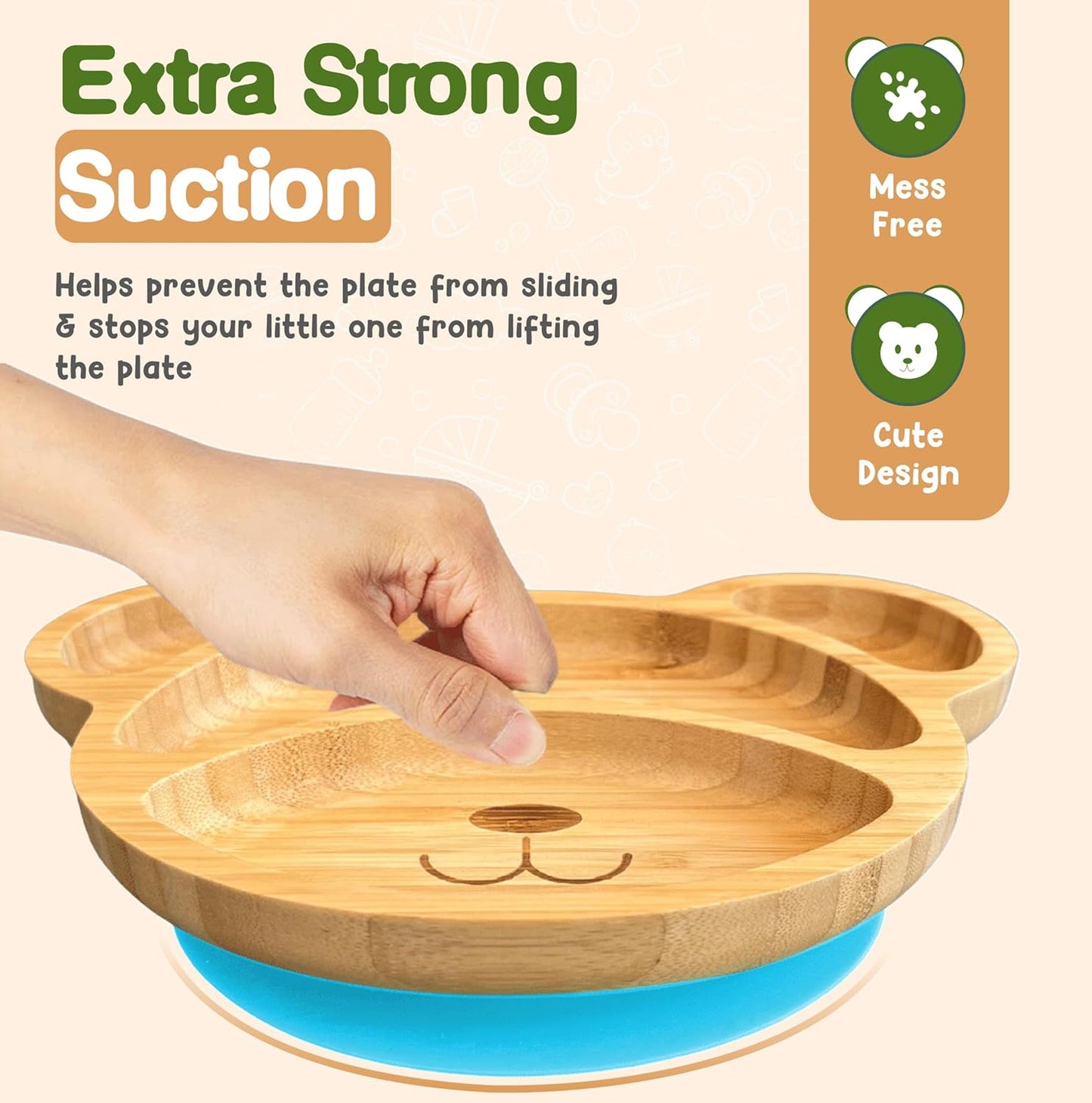 Bamboo Plates for Kids - Baby & Toddler Plates with Suction for Feeding & Weaning, Eco-Friendly Bear Design Promotes Self-Feeding, Ideal for Busy Moms & Dads, Sturdy & BPA-Free (Pink)