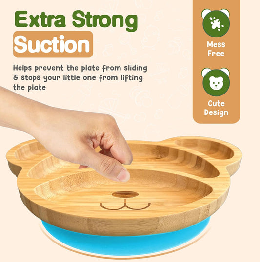 Bamboo Plates for Kids - Baby & Toddler Plates with Suction for Feeding & Weaning, Eco-Friendly Bear Design Promotes Self-Feeding, Ideal for Busy Moms & Dads, Sturdy & BPA-Free (Pink)
