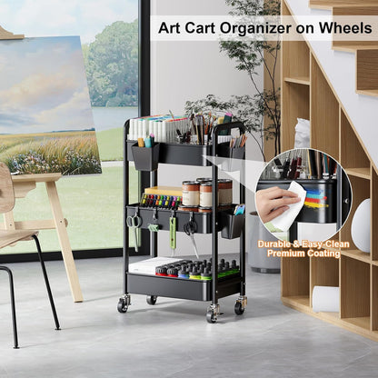 Beige 3 Tier Rolling Cart Metal on Wheels, Three Tiered Storage Organizer Utility Trolley with Wheels for Art, Craft, Baby Diaper Caddy, Snack, Book, Nail, Lash, Cleaning Supplies, Kitchen, Bathroom