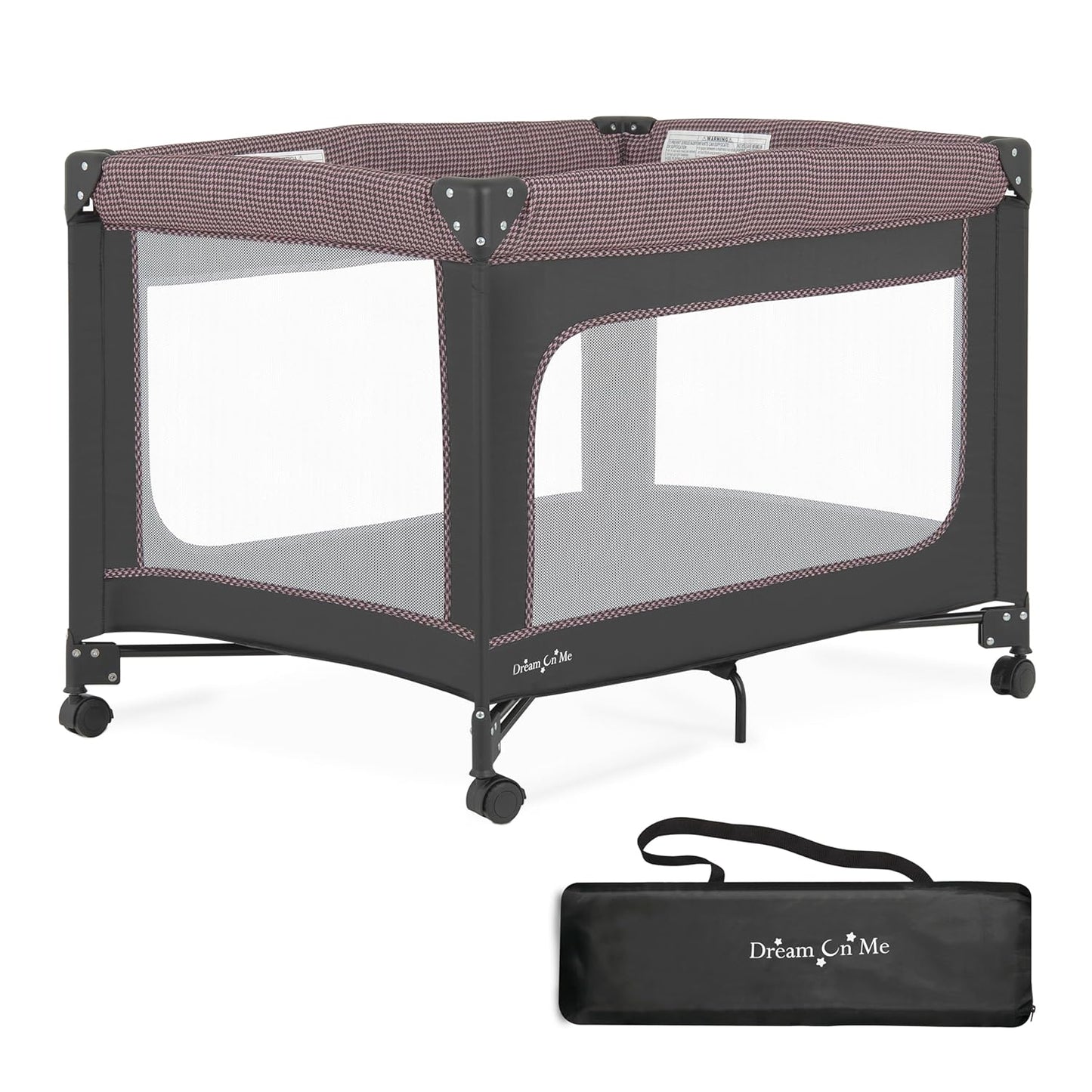 Dream On Me EZGo Portable Playard, Tool-Free Assembly, Easy One-Step Fold, Breathable Mesh Sides, Removable Mattress Pad & Smooth Locking Wheels, Travel Carry Bag Included – Black & White