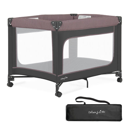 Dream On Me EZGo Portable Playard, Tool-Free Assembly, Easy One-Step Fold, Breathable Mesh Sides, Removable Mattress Pad & Smooth Locking Wheels, Travel Carry Bag Included – Black & White