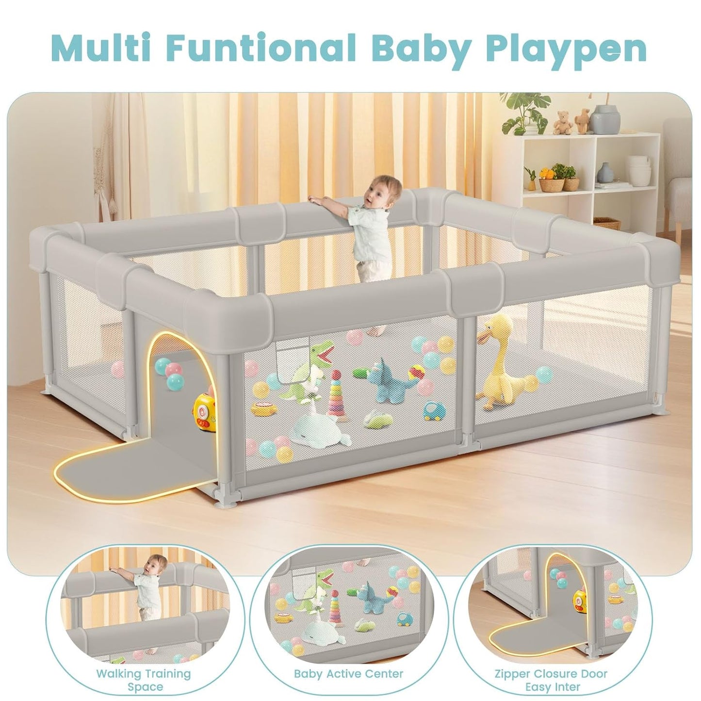 besuhot Baby Playpen Extra Large Play Yard 74" x 50" Playpen for Babies and Toddlers with Anti-Slip Suckers and Zipper Gate, Safety Baby Activity Center for Indoor & Outdoor