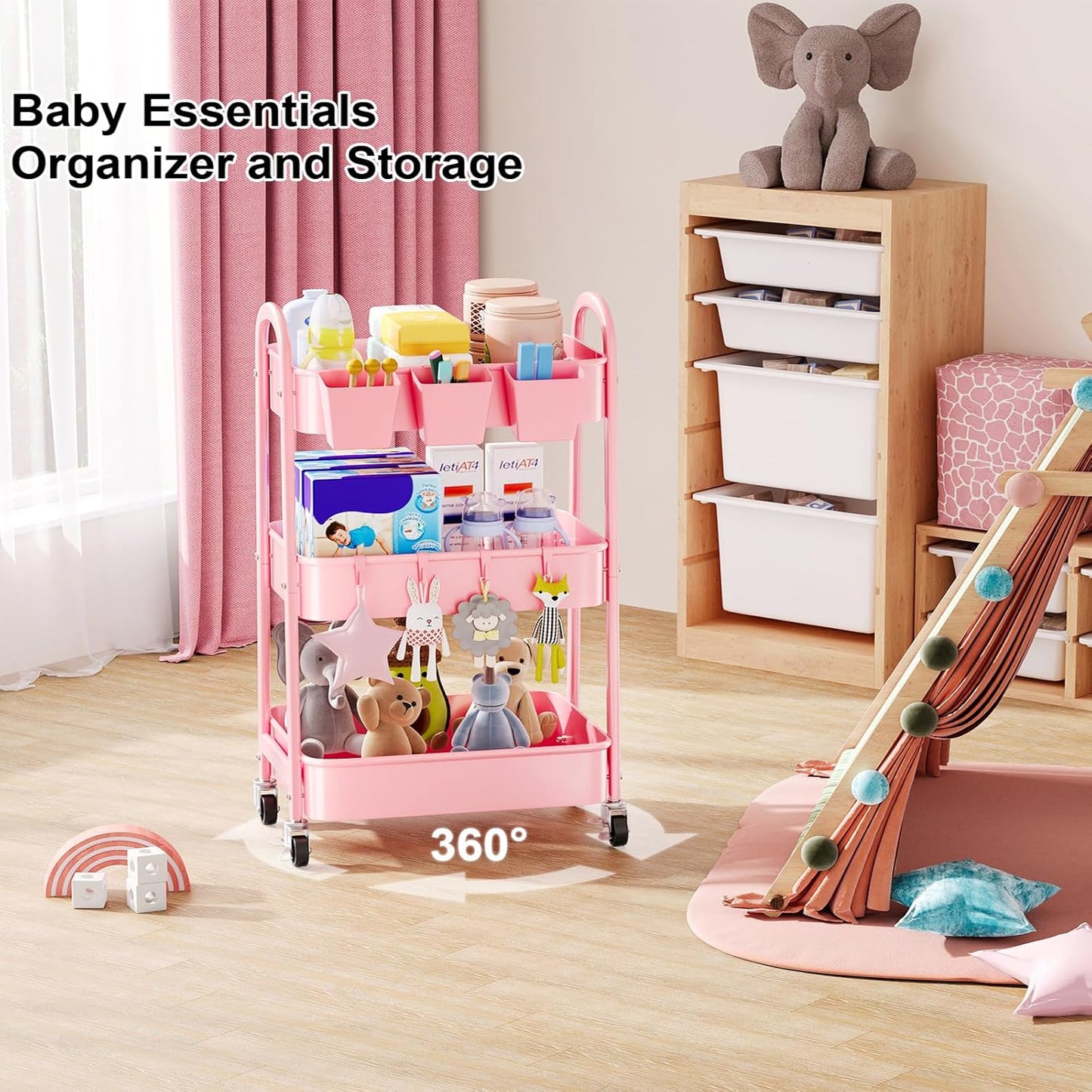 Beige 3 Tier Rolling Cart Metal on Wheels, Three Tiered Storage Organizer Utility Trolley with Wheels for Art, Craft, Baby Diaper Caddy, Snack, Book, Nail, Lash, Cleaning Supplies, Kitchen, Bathroom