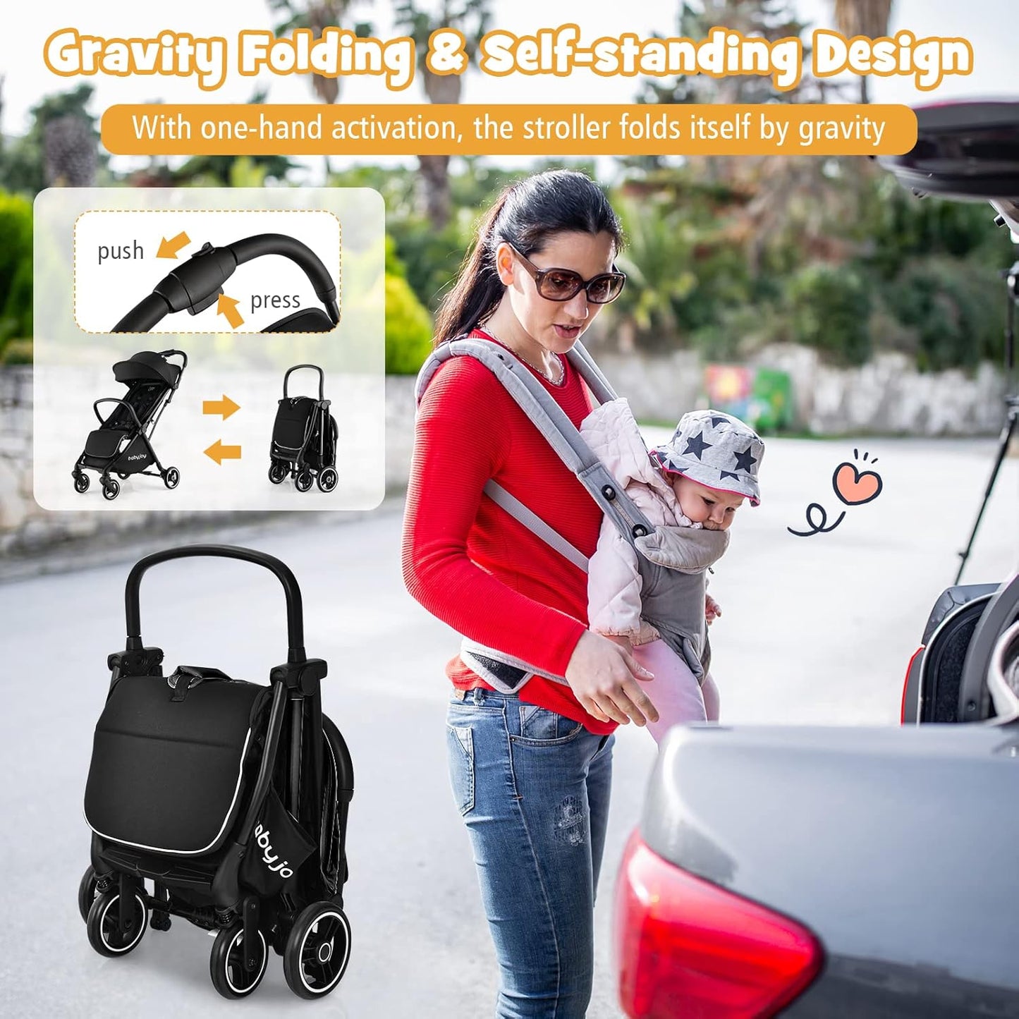 BABY JOY Lightweight Baby Stroller, Compact Travel Stroller for Airplane, Infant Toddler Stroller w/Adjustable Backrest & Canopy, Storage Basket, Self Standing Gravity Fold, Aluminium Frame (Pink)