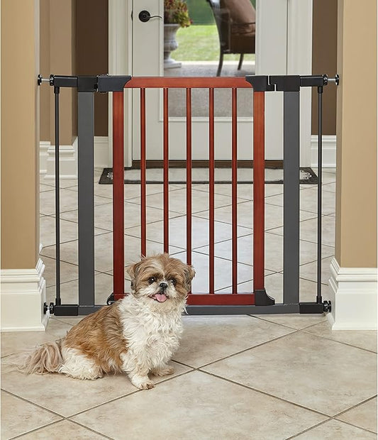 MidWest Homes for Pets 29-Inch Tall Pet Gate with Textured Graphite Frame and Decorative Wood Door, Expands to 38 Inches Wide, Includes 3-inch Extensions