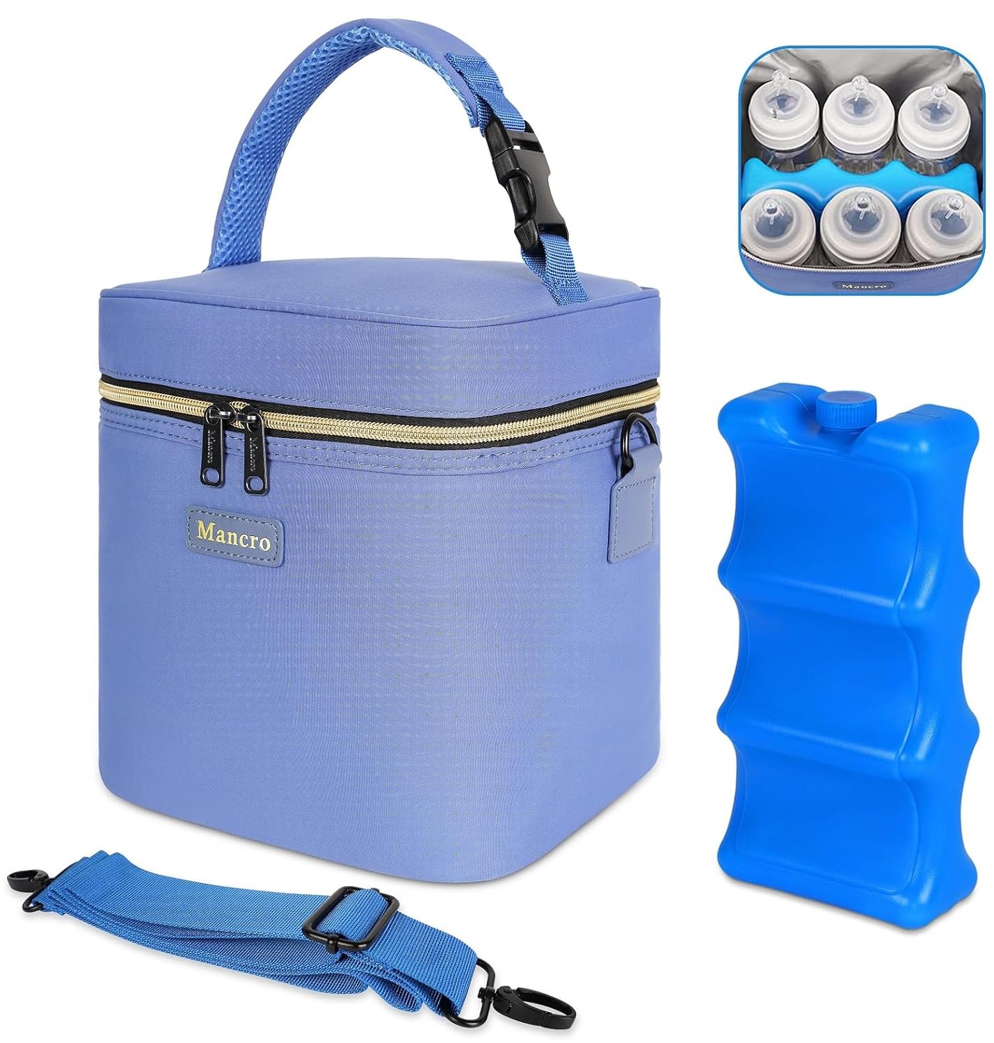 Mancro Breastmilk Cooler Bag with Ice Pack, Fits 6 Baby Bottles Up to 9 Ounce Insulated Baby Bottle Bag, Breast Milk Cooler on The go with Strap, Bottle Storage Bag for Nursing Mom Daycare, Black