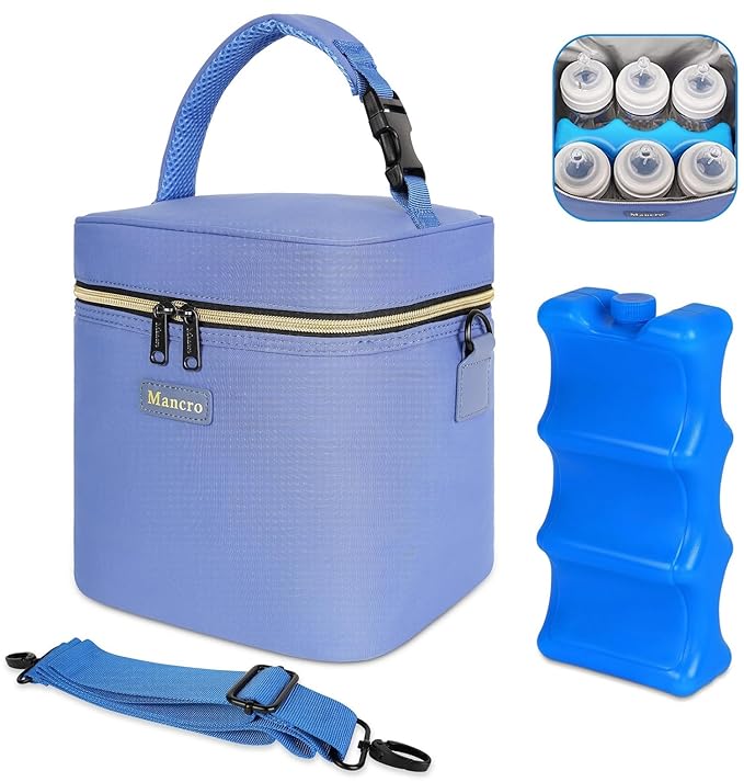 Mancro Breastmilk Cooler Bag with Ice Pack Fits 6 Baby Bottles Up to 9 Ounce, Insulated Baby Bottle Bag with Strap for Nursing Mom Daycare, Blue
