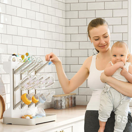 GoMaihe Baby Bottle Drying Rack: Space Saving Vertical Bottle Dryer Holder - Newborn Accessories Storage Stand Organize Brushes Pacifiers on Countertop - BPA-Free - Gray
