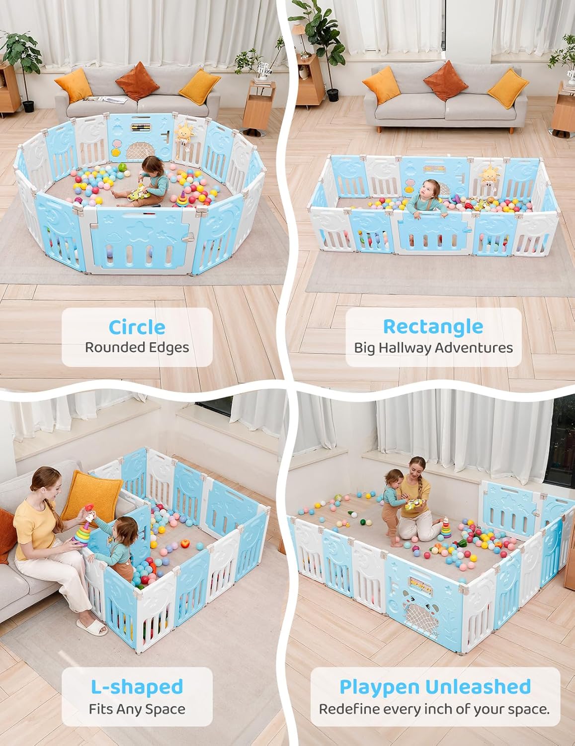 Baby Playpen, Dripex Baby Playard for Babies and Toddlers, 14-Panel Foldable Playpen Adjustable Portable Play Area, Indoor/Outdoor Kids Active Center with Game Panel & Safety Gate, Grey White