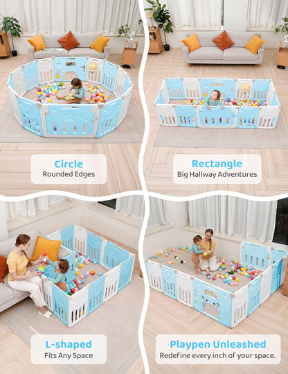 Baby Playpen, Dripex Baby Playard for Babies and Toddlers, 14-Panel Foldable Playpen Adjustable Portable Play Area, Indoor/Outdoor Kids Active Center with Game Panel & Safety Gate, Grey White