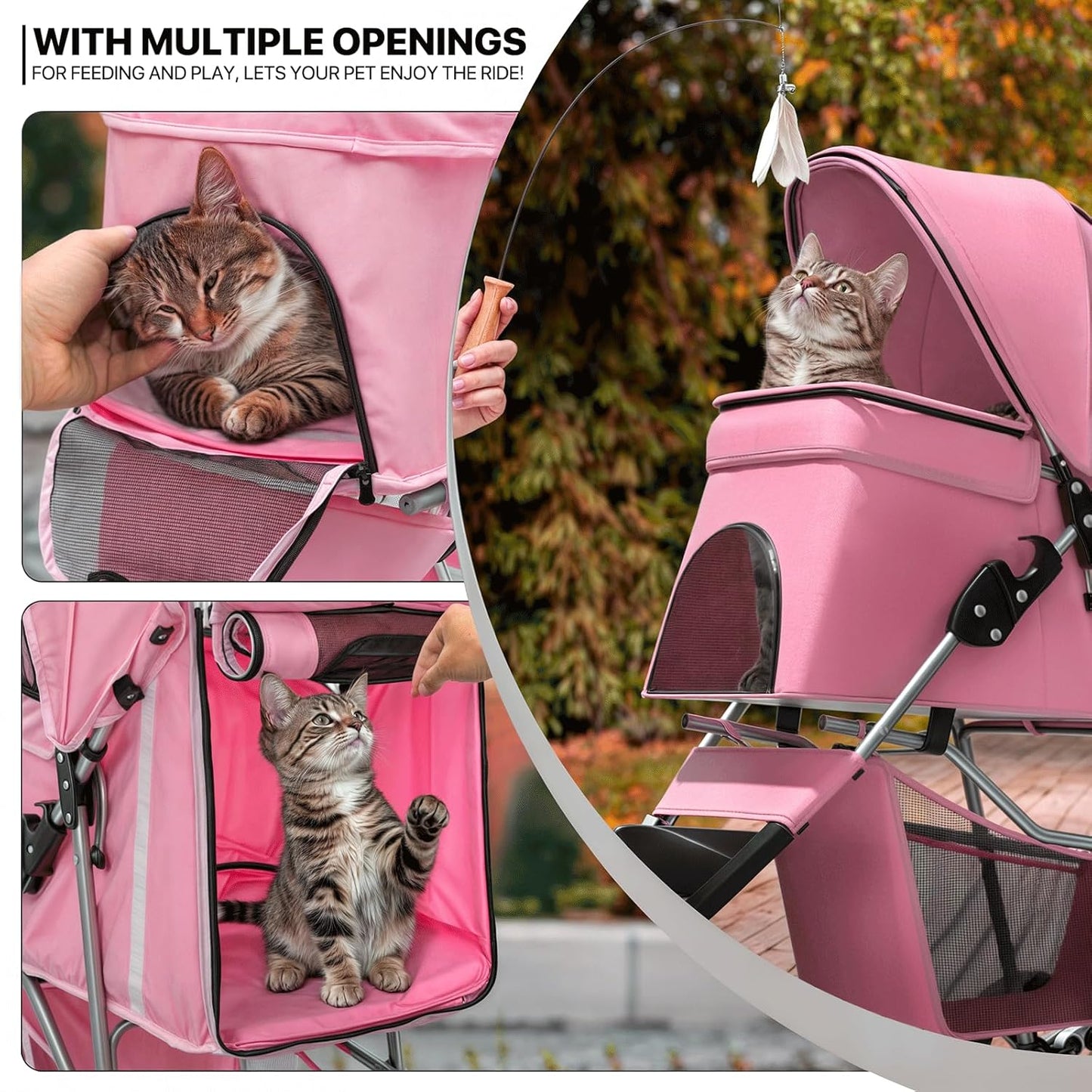 MoNiBloom Foldable Pet Stroller with Weather Cover, 3 Wheels Pet Strolling Cart for Small/Medium Dogs and Cats with Storage Basket and Cup Holder, Breathable and Visible Mesh for All-Season, Black