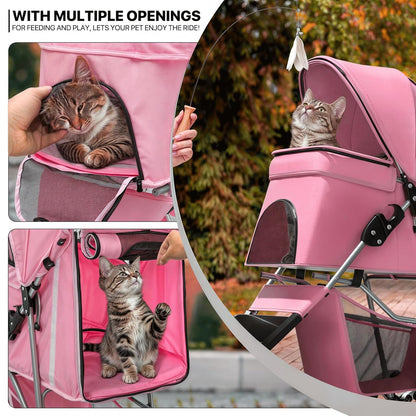 MoNiBloom Foldable Pet Stroller with Weather Cover, 3 Wheels Pet Strolling Cart for Small/Medium Dogs and Cats with Storage Basket and Cup Holder, Breathable and Visible Mesh for All-Season, Black