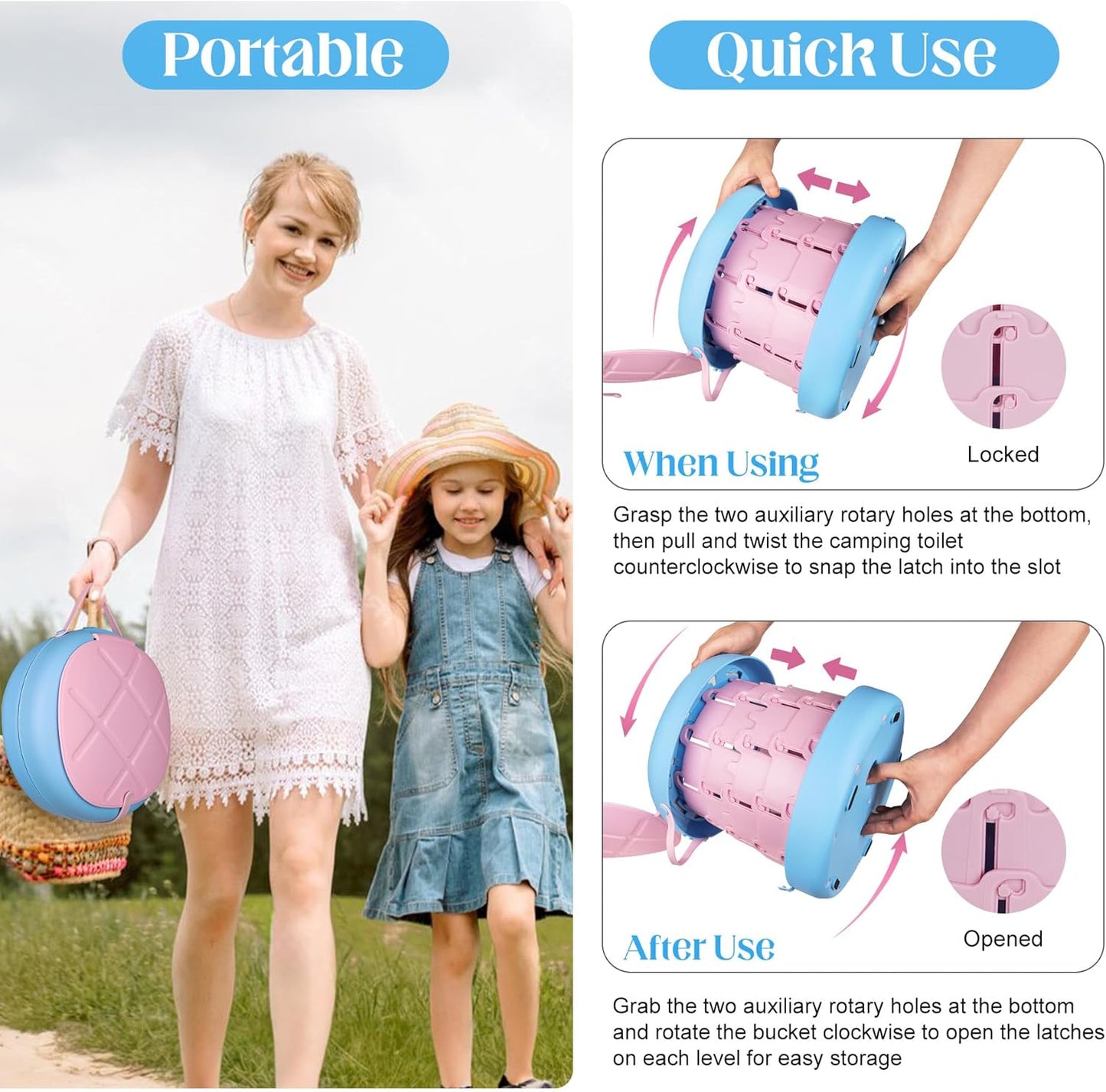 Inmorven Portable Toilet Camping Foldable Potty for Toddler Adults Kids Travel Potty for Car,Camping,Trips,Boat,Indoor,Outdoor Emergency,Travel etc,Adjustable Height Training Toilet Seat.