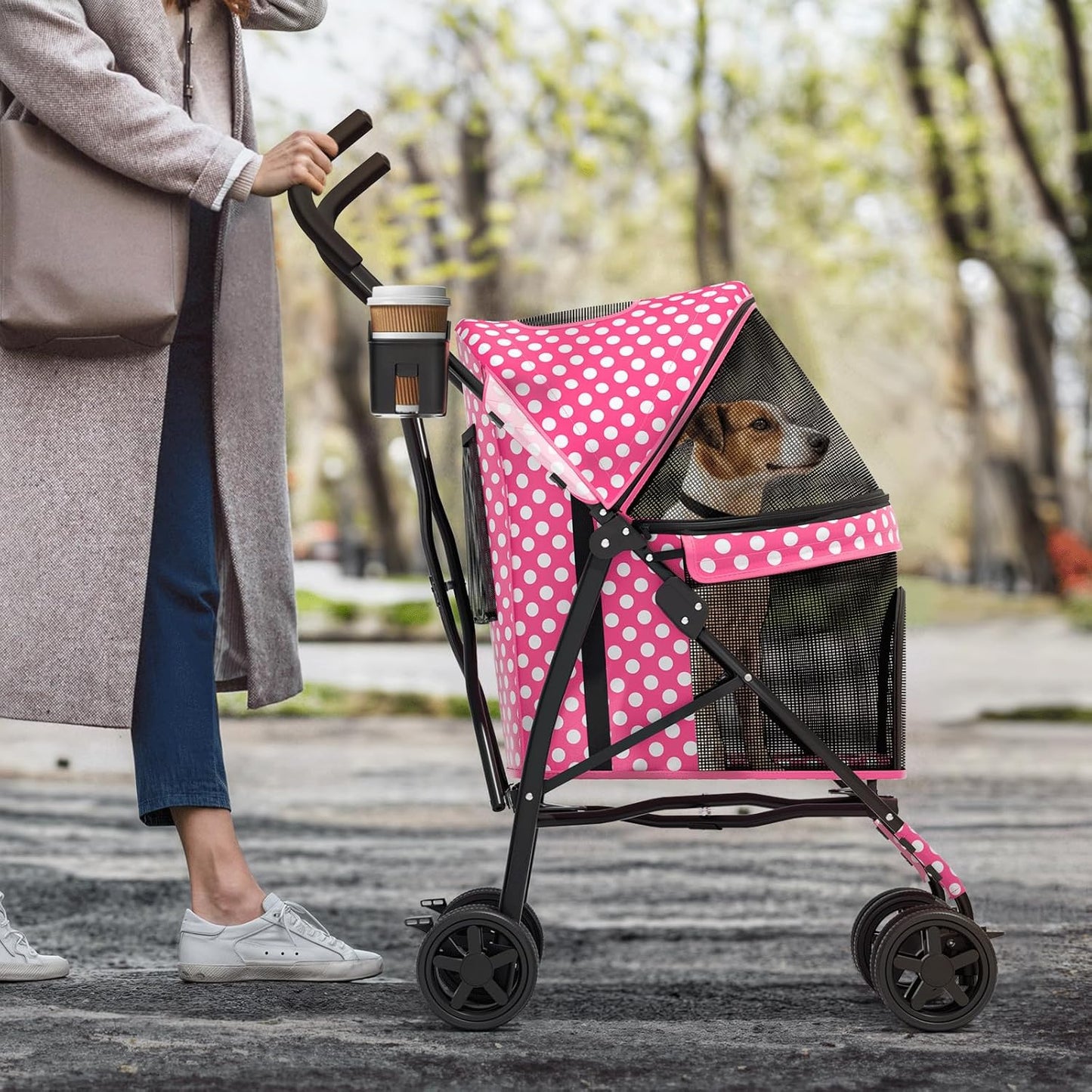 MoNiBloom 4 Wheels Pet Stroller, Easy-Fold Puppy Cage Jogger Stroller with Sun Cover, Pad and Rear Storage Bag, Breathable and Visible Mesh for Small/Medium Pets up to 22 lbs, Black