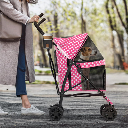 MoNiBloom 4 Wheels Pet Stroller, Easy-Fold Puppy Cage Jogger Stroller with Sun Cover, Pad and Rear Storage Bag, Breathable and Visible Mesh for Small/Medium Pets up to 22 lbs, Black