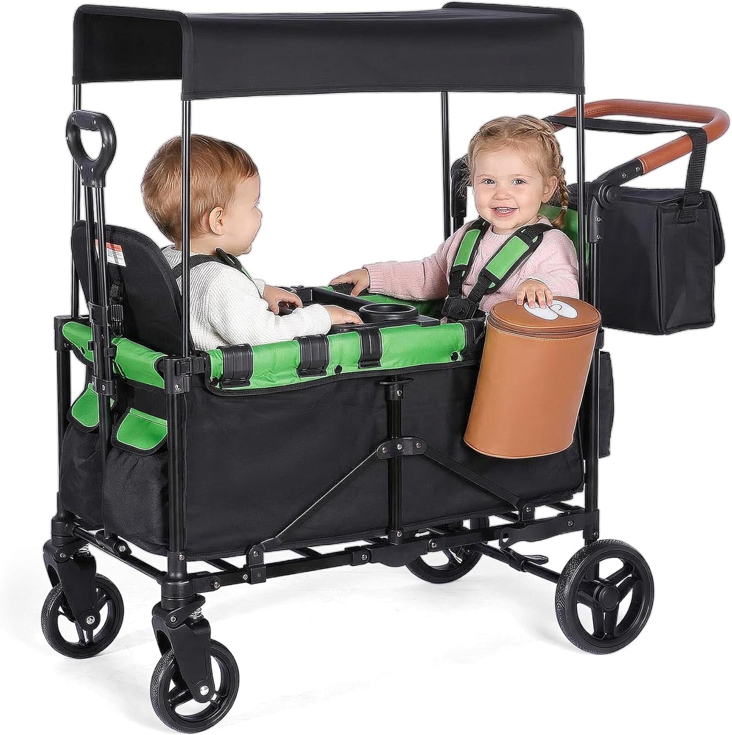 2-in-1 Wagon Stroller for Two Kids – Foldable Push & Pull All‑Terrain Wagon with Canopy, 5‑Point Harnesses, 2-in-1 Storage Bag (Converts to Shoulder Bag), Lightweight, Compact – Black