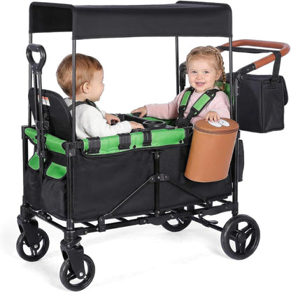 2-in-1 Wagon Stroller for Two Kids – Foldable Push & Pull All‑Terrain Wagon with Canopy, 5‑Point Harnesses, 2-in-1 Storage Bag (Converts to Shoulder Bag), Lightweight, Compact – Black