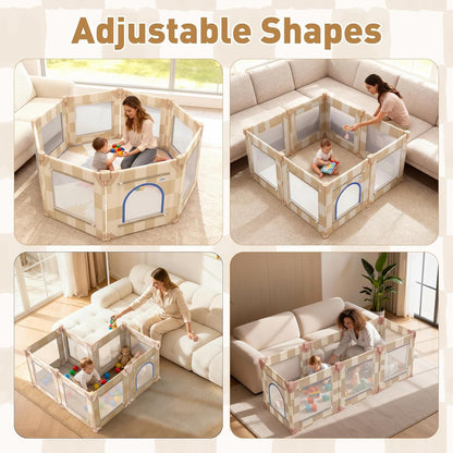 Baby Playpen for Babies and Toddlers, Upgraded 50x50 Inch Foldable No Assembly Required Play Yard with Breathable Mesh, Safe Playard with Gate, Indoor & Outdoor Infants Play Pen (1pc-Sand Checks)