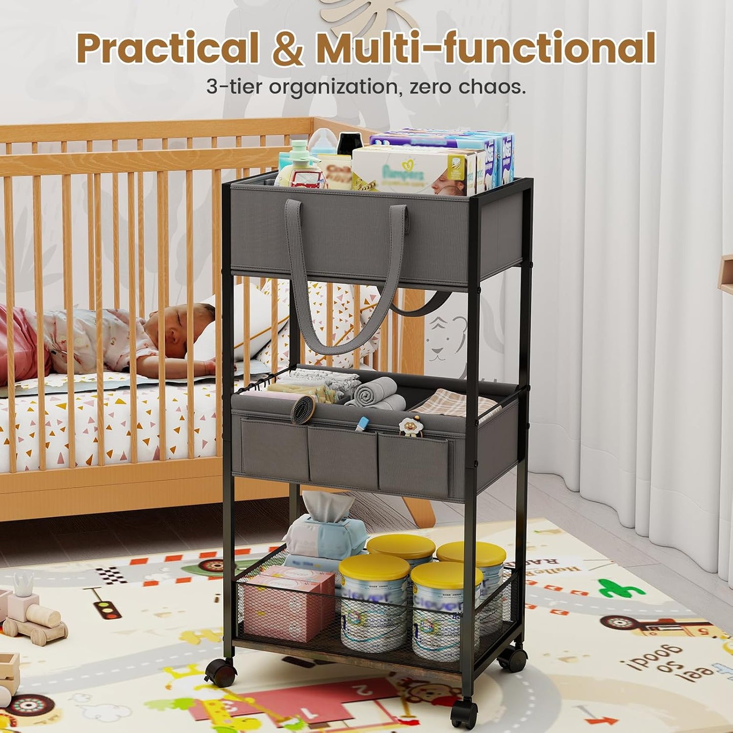 Diaper Caddy Organizer and Storage, 3-Tier Baby Storage Organizers with 2+2 Dividers, Large Capacity Diaper Rolling Cart for Nursery, Diaper Caddy Cart for Crib, Bedroom, Bathroom