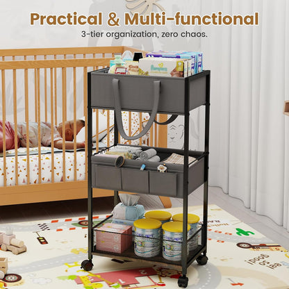 Diaper Caddy Organizer and Storage, 3-Tier Baby Storage Organizers with 2+2 Dividers, Large Capacity Diaper Rolling Cart for Nursery, Diaper Caddy Cart for Crib, Bedroom, Bathroom