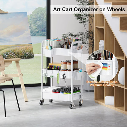 Beige 3 Tier Rolling Cart Metal on Wheels, Three Tiered Storage Organizer Utility Trolley with Wheels for Art, Craft, Baby Diaper Caddy, Snack, Book, Nail, Lash, Cleaning Supplies, Kitchen, Bathroom