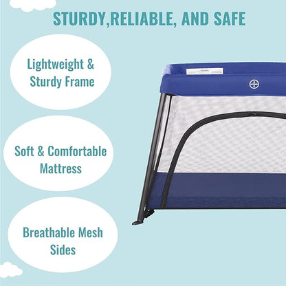 Dream On Me Travel Light Baby Playard with Zipper Access Door, Breathable Mesh Sides with Soft Comfortable Mattress, Easy Fold Design with Travel Carry Bag, Compact Space Saving Design - Navy