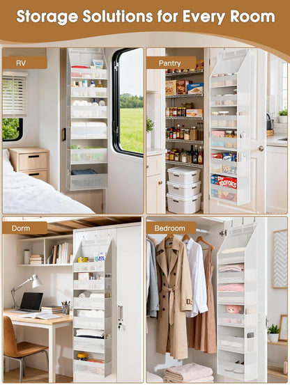 Criusia Over the Door Organizer, 6-Shelf Closet Hanging Storage with 13 Mesh Pockets, 55lbs Capacity Behind the Door Storage for Baby Nursery, Bathroom, Bedroom, and Dorm, Beige