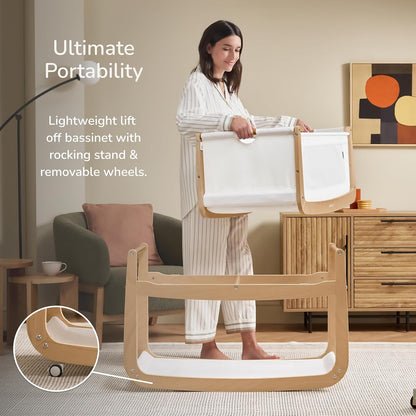 SnuzPod 5 Bedside Bassinet for Baby - Newborn Bed with Zip Down Breathable Windows, Rocking Bedside Sleeper with Lift-Off Bassinet, Portable 3-in-1 Baby Cradle with Wheels & Mattress, Natural