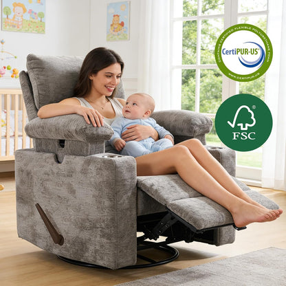 Rocking Chair Nursery with Adjustable Armrest for Breastfeeding, Glider Recliner Nursery Chair with Massage and Heat, Power Swivel Rocker Recliner with Adjustable Headrest, Corduroy, Beige