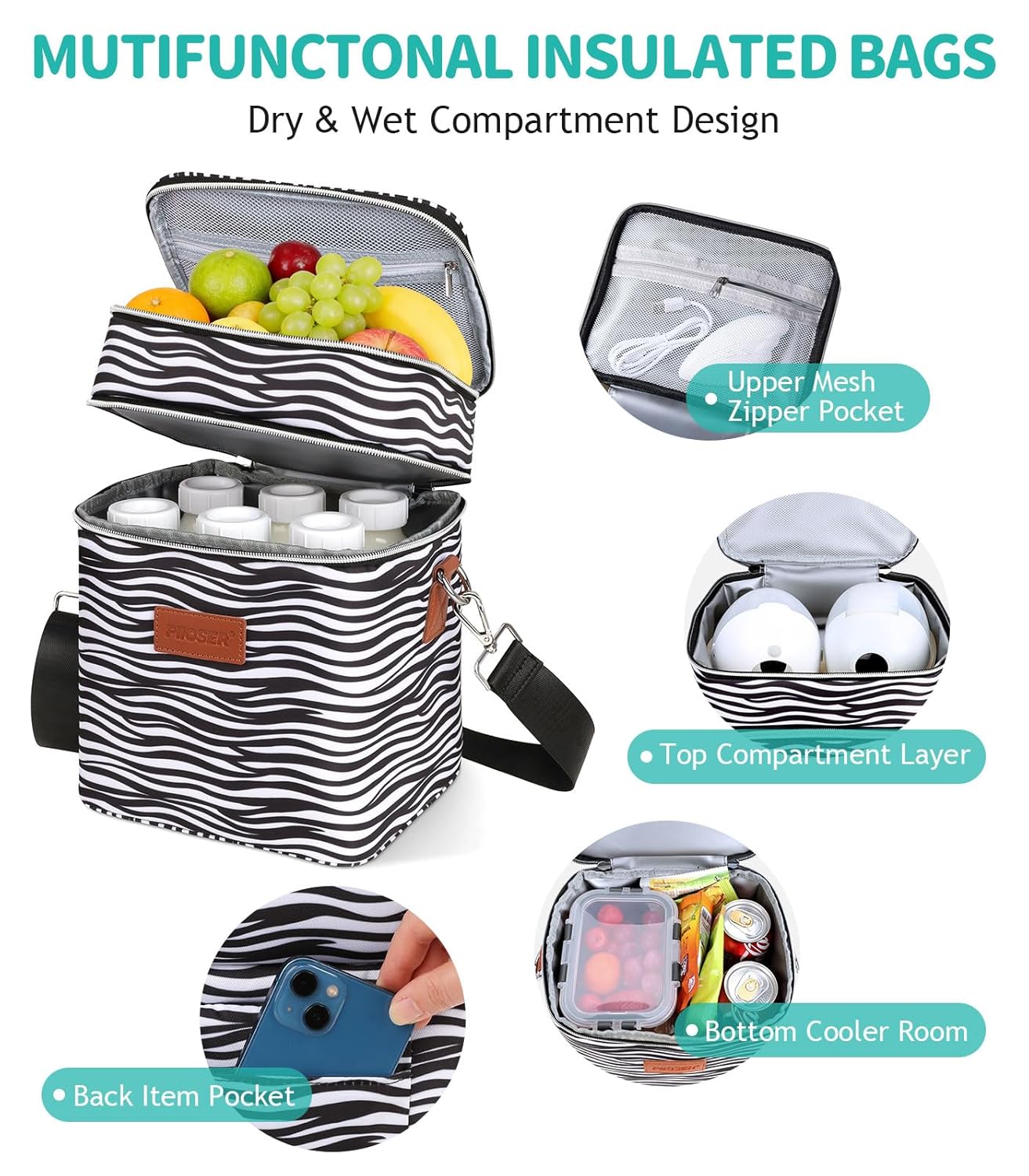 PIIOSER Breastmilk Cooler Bag with Ice Pack Fits 6 Baby Bottles Up to 9 Ounce, Insulated Baby Bottle Tote Bags, Double Layer Waterproof Leak-Proof with Shoulder Strap for Nursing & Working Mom (Grey)