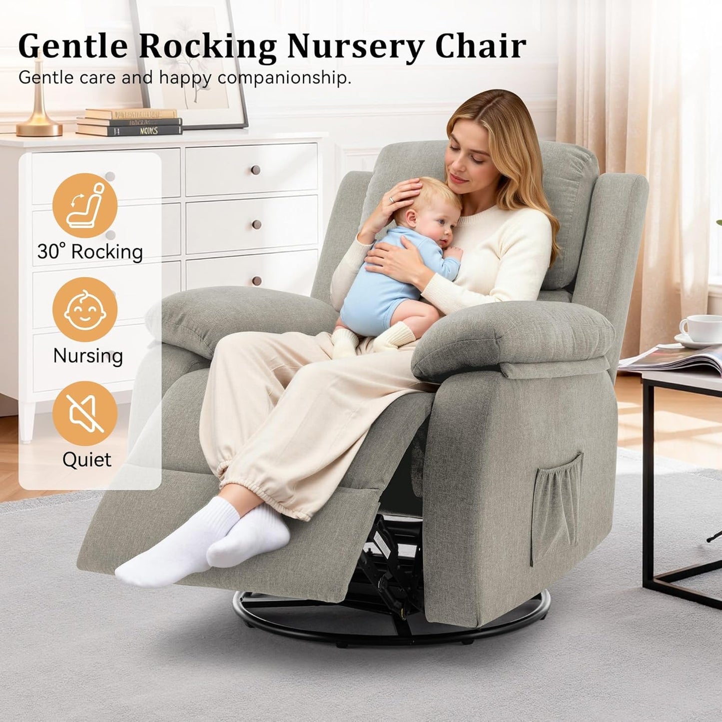 Korser Recliner Chair, 360 Swivel Rocker Chair for Adults, Small Rocking Recliner for Small Spaces, Upholstered Fabric Glider Recliner Nursery