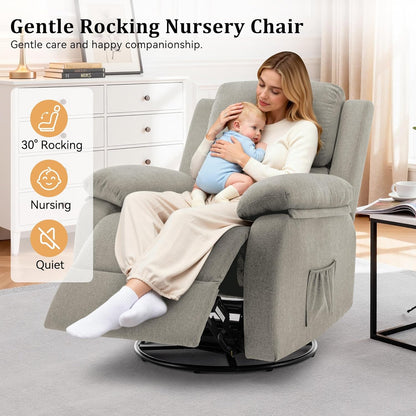 Korser Recliner Chair, 360 Swivel Rocker Chair for Adults, Small Rocking Recliner for Small Spaces, Upholstered Fabric Glider Recliner Nursery