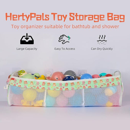 Bath Toy Storage Organizer, 3 Compartments Bath Toy Holder, Large Capacity & Quick-Drying Mesh for Bathtub and Shower, Strong sticky Hooks for Easy Access