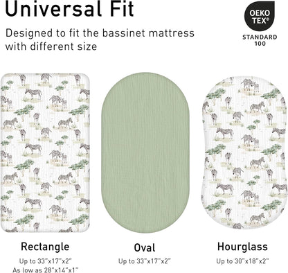 Muslin Bassinet Fitted Sheets 2 Pack, Soft Breathable Cotton Baby Bassinet Mattress Sheet Set, 360° Elastic Snug Fit, Universal for Oval, Rectangle & Hourglass Cradle, Unisex Baby Bedding (Cute Cars)