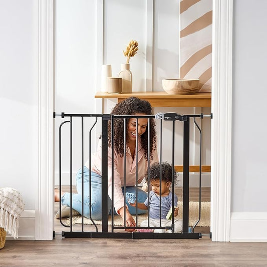 Regalo Safety 29-38.5" Baby Gate for Doorways & Bottom of Stairs, Pressure Mounted Baby Gate with Door for Babies, Toddlers & Pets, Tested & Safe for 30 Years, American Designed, American Owned, Black