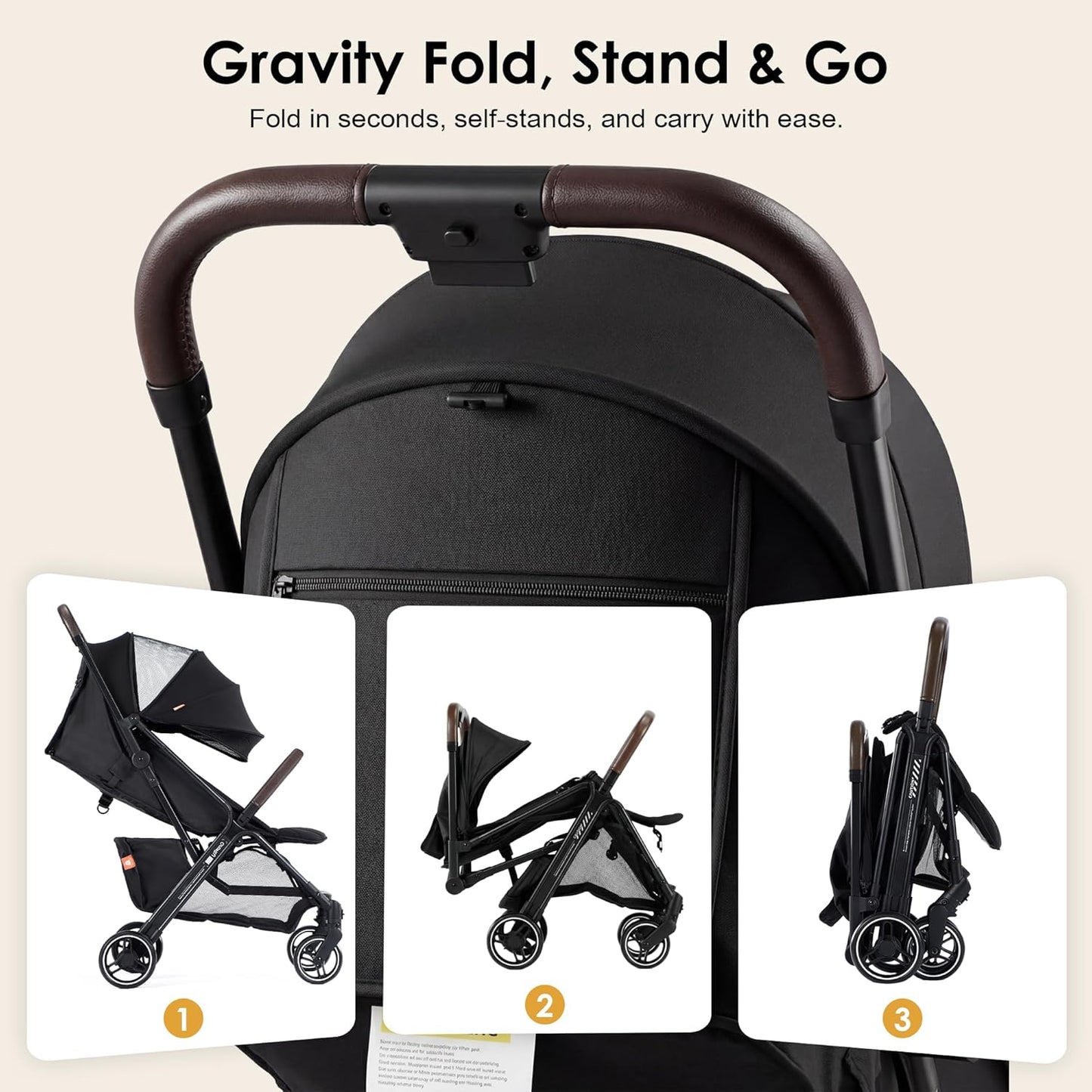 Lightweight Travel Stroller, One-Hand Fold Airplane Carry-On, Compact Baby & Toddler Stroller with Cup & Phone Holder, 6.6 lbs Capacity Basket, Adjustable Reclining Backrest, Black