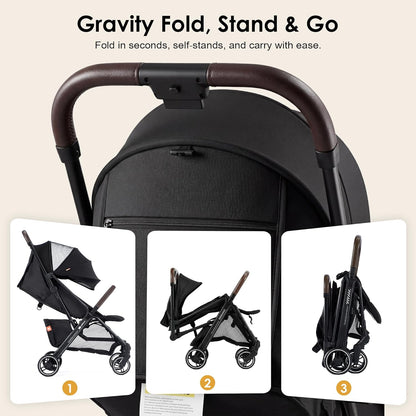 Lightweight Travel Stroller, One-Hand Fold Airplane Carry-On, Compact Baby & Toddler Stroller with Cup & Phone Holder, 6.6 lbs Capacity Basket, Adjustable Reclining Backrest, Black