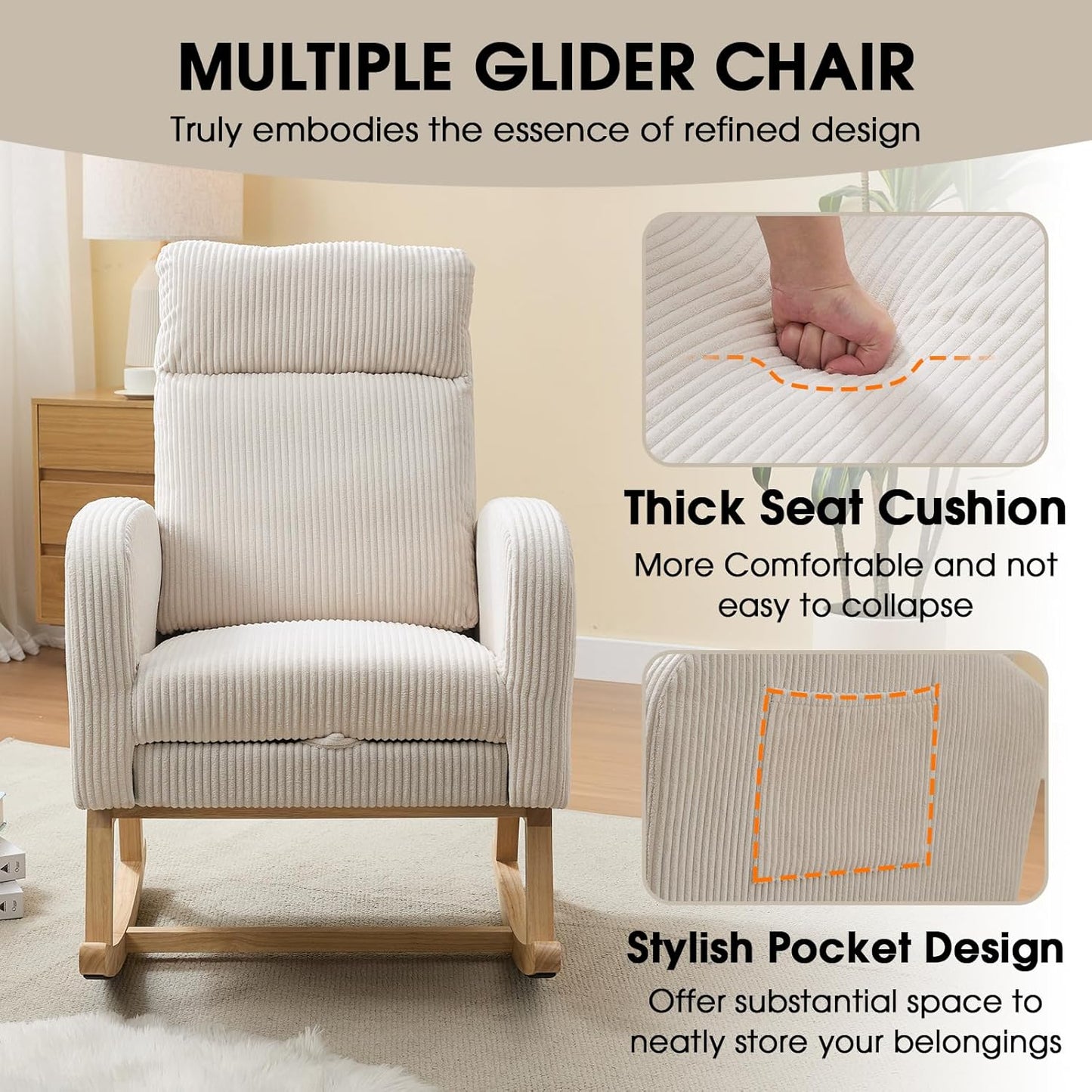 NIOIIKIT Nursery Rocking Chair, Corduroy Upholstered Rocking Chair with Adjustable Footrest, Tufted Rocker Chair with Side Pocket, Glider Rocker for Living Room, Bedroom (Cream Retro)