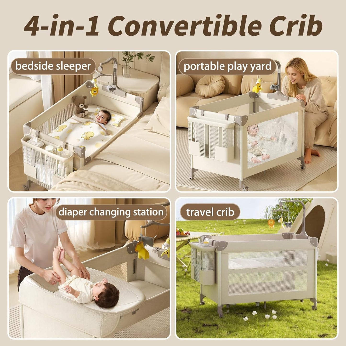 4-in-1 Baby Playard, Pack and Play: 4-Level Height-Adjustable Bedside Bassinet, One-Touch Foldable Travel Crib with Changing Table, Music Mobile & 4 Locking Wheels for Newborn to Toddler