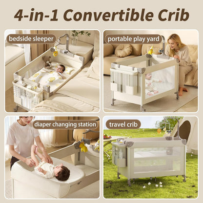 4-in-1 Baby Playard, Pack and Play: 4-Level Height-Adjustable Bedside Bassinet, One-Touch Foldable Travel Crib with Changing Table, Music Mobile & 4 Locking Wheels for Newborn to Toddler
