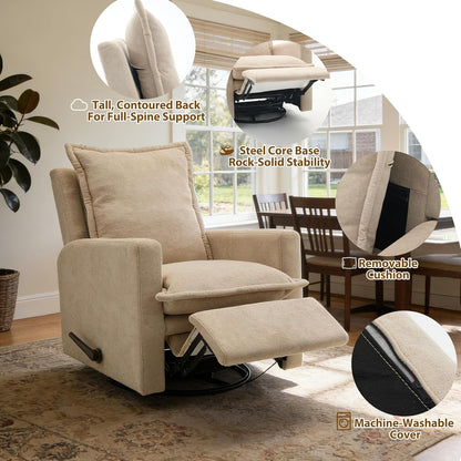 Euthymia Swivel Rocking Chair Nursery, High Back Glider Rocker Recliner Chair for Small Spaces, Manual Reclining Sofa for Living Room, Bedroom, Beige