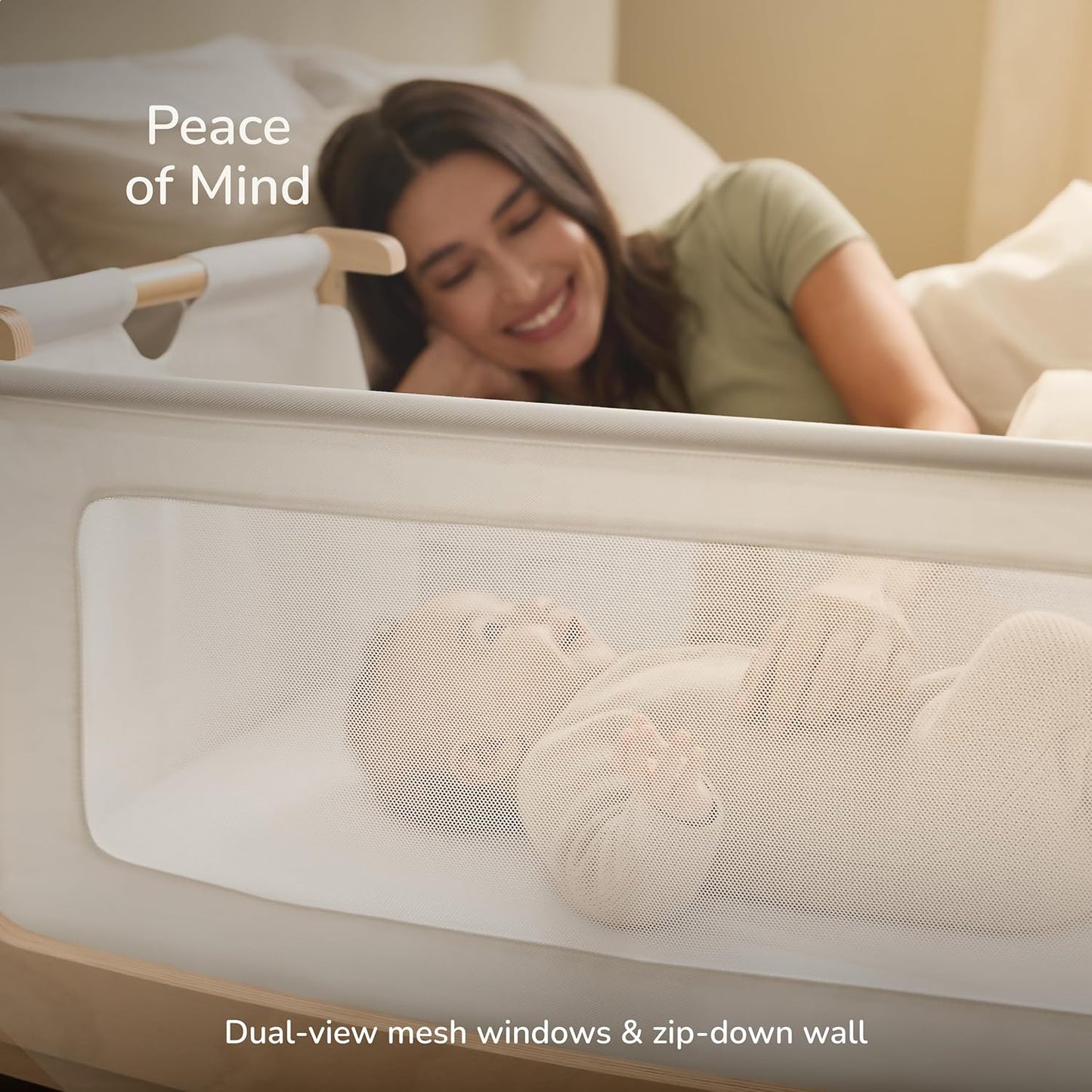 SnuzPod 5 Bedside Bassinet for Baby - Newborn Bed with Zip Down Breathable Windows, Rocking Bedside Sleeper with Lift-Off Bassinet, Portable 3-in-1 Baby Cradle with Wheels & Mattress, Natural