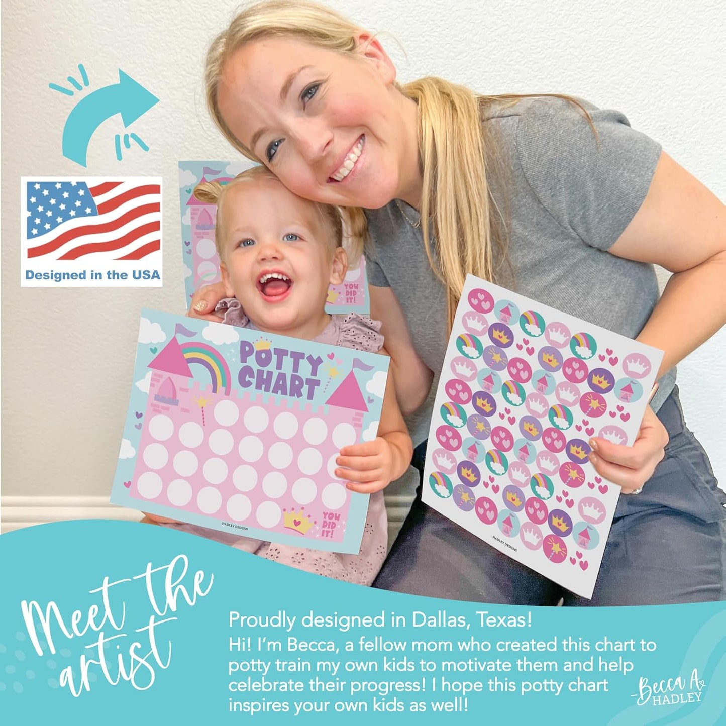 Hadley Designs Potty Training Chart for Toddlers Girls -10 Sticker Potty Chart for Toddlers Girls, 8.5x11" Potty Training Sticker Charts for Toilet Success, Unicorn Toddler Reward Chart for Kids