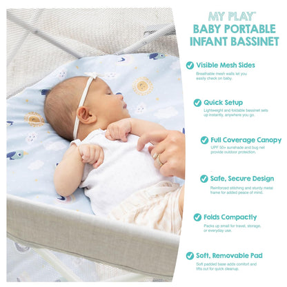Regalo My Play Baby Portable Bassinet with UPF 50+ Canopy & Mosquito Net, Foldable Travel Bassinet & Playpen, Lightweight Indoor Outdoor Baby Lounger, Mesh Sides, Toys & Padded Base, Newborn to 15 lbs