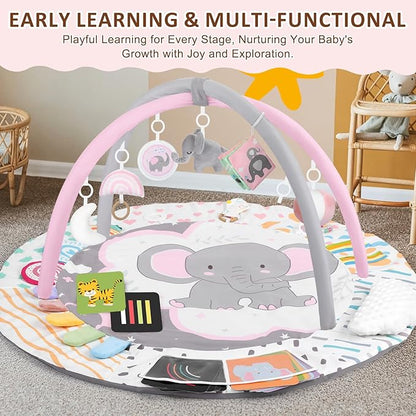Baby Play Gym & Activity Mat, Tummy Time Mat with Cloud Toy, 7 Detachable Sensory Toys and Educational Cards for Motor Skills & Sensory Development, Baby Essentials Shower Gift, Pink Elephant