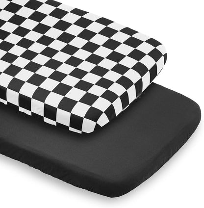 Sweet Jojo Designs 2-Piece Baby Bassinet Sheets Set (Black/White Gingham Checkered Plaid) for Boy/Girl, Infant Newborn Nursery, Oval, Rectangle & Hourglass Mattress (Solid Onyx & Classic Checkerboard)